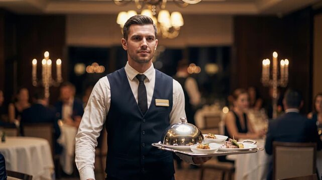 Formal dining scene with attentive waiter and bright chandelier