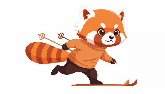 Adorable cartoon red panda joyfully skiing downhill, embracing the frosty winter slopes with cheerful determination and a cozy sweater in a vibrant illustration