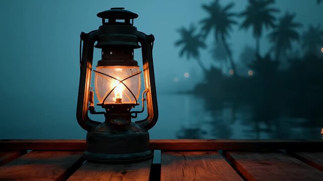 A rustic old oil lantern illuminates a wooden surface against a misty tropical lake with palm trees at dusk.