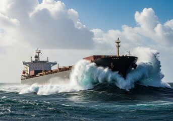 Massive cargo ship navigates turbulent ocean waves, battling a powerful storm with sea spray flying high. Industrial freight carrier endures rough seas, extreme weather, logistics, sea