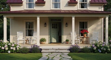 Fototapeta premium Charming Cream House with Red Roof and Lush Flowerbeds in Daylight