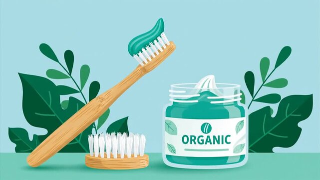 A bamboo toothbrush with organic toothpaste and jar on green surface with leaves