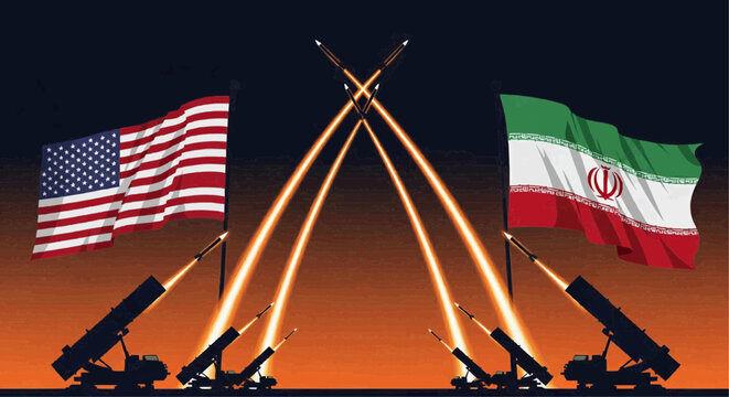 US and Iranian flags with missile launchers firing rockets at sunset