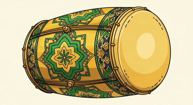 Ramadan Kareem Drum (Daff or Bendir) Illustration with Calligraphy and Decorative Patterns