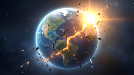Fototapeta premium Planet earth cracking and exploding in deep space. Global catastrophe and destruction of world with debris flying into orbit.