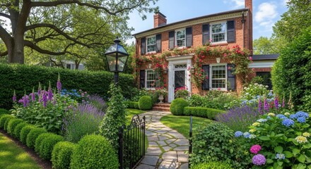 Obraz premium Charming Red Brick Colonial Home With Blooming Garden And Lush Greenery On A Sunny Day