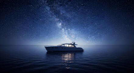 Obraz premium Experience a serene, ultra wide panoramic cruise. A vessel floats on calm water under a breathtaking, radiant, star-filled night sky, tranquil, majestic, marine