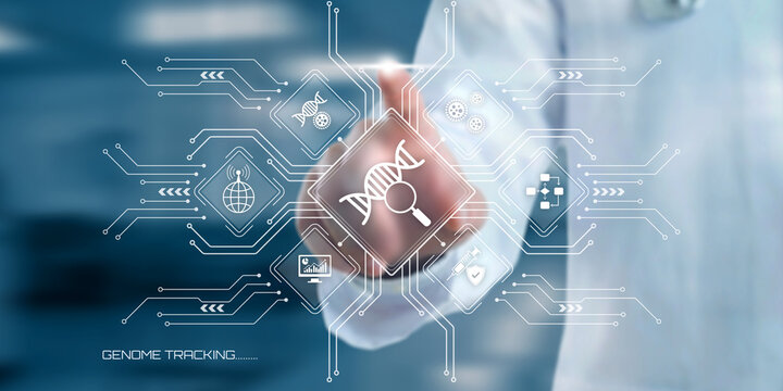 A medical professional interacts with a digital interface displaying a DNA helix within a magnifying glass signifying genome sequencing and genetic research advancements