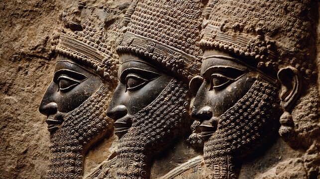 Front-facing view of an ancient Persian stone relief depicting detailed profiles of soldiers with curly beards and textured helmets.