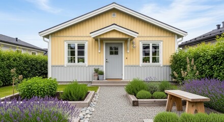 Fototapeta premium Charming Yellow Wooden House Exterior With Lush Garden And Paved Walkway