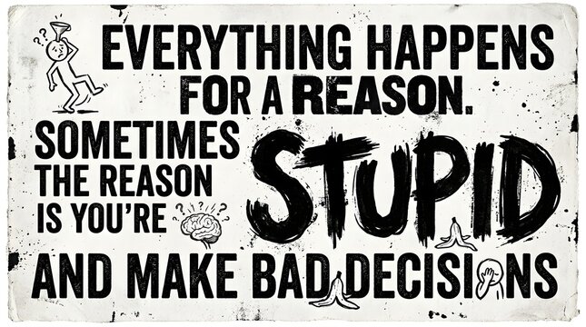A humorous and sarcastic distressed sign with bold typography stating 'Everything happens for a reason. Sometimes the reason is you're stupid and make bad decisions.'.