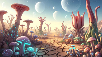 Fototapeta premium Alien landscape with glowing mushrooms and giant flora under multiple moons. Extraterrestrial planet surface with cracked ground and bioluminescent plants.