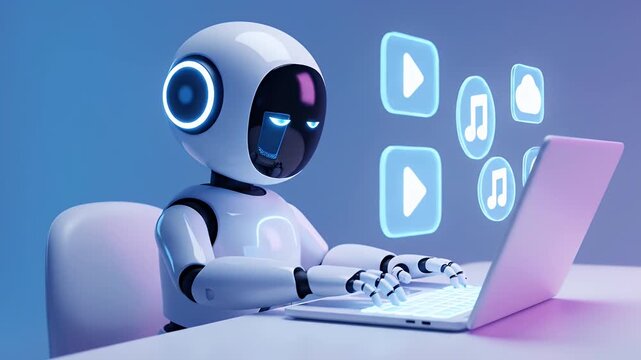A sleek white AI robot with glowing ear accents works on a laptop, surrounded by purple-hued multimedia app icons.