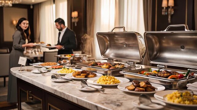 Two individuals decide on food choices from buffet setup with attendants present