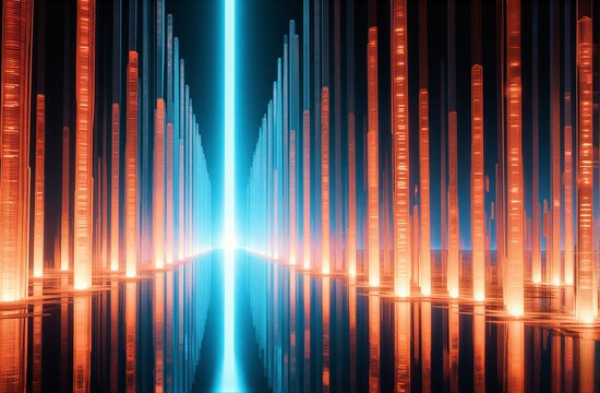 Futuristic glowing pillars in red and blue leading to a bright light