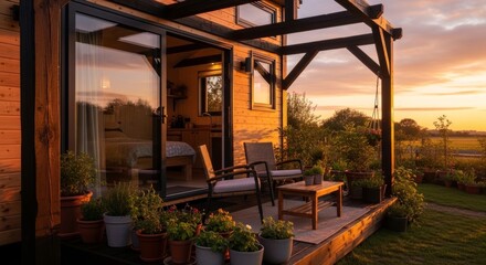 Fototapeta premium Cozy Tiny House Patio with Sunset View and Lush Greenery