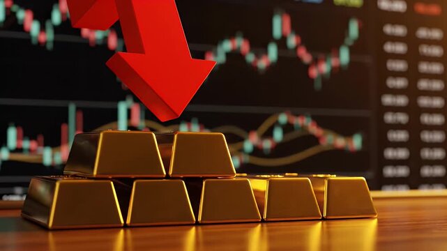 Several gold bullion bars are stacked in front of a blurry stock market chart with a large red arrow pointing downwards.
