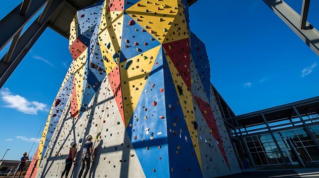 Outdoor Climbing Wall with Colorful Panels and Climbers