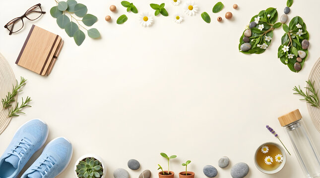 Botanical leaf lung shape with running shoes and wellness items, World No Tobacco Day concept arrangement, providing central copy space for health and respiratory awareness messaging.