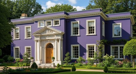 Fototapeta premium Majestic Purple Georgian Mansion With Ornate Entrance And Lush Gardens Under Blue Sky