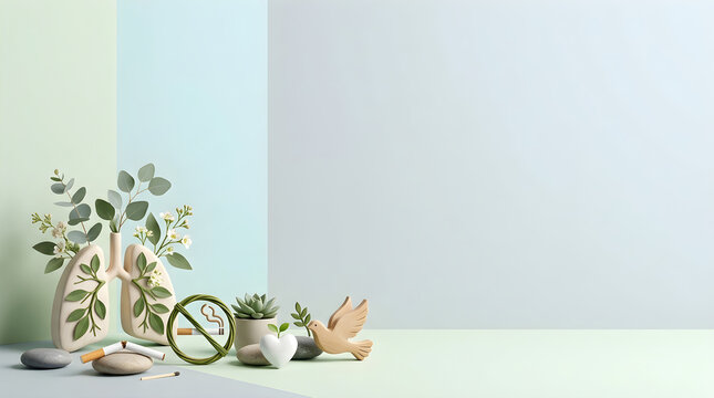 Healthy anatomical lungs with green leaves and a broken cigarette, pastel minimalist background for health awareness, Concept World No Tobacco Day, No Smoking Day.