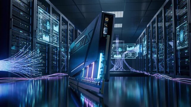 Computing device connected near fiber optic junction showing lights