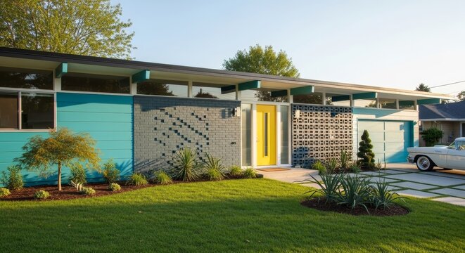 Mid Century Modern Home With Turquoise Accents Yellow Door And Vintage Car