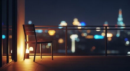 Fototapeta premium A dim balcony view at night featuring a single chair, warm ambient light, and a soft glow from distant urban buildings during quiet late hours, railing, chair, contemplative