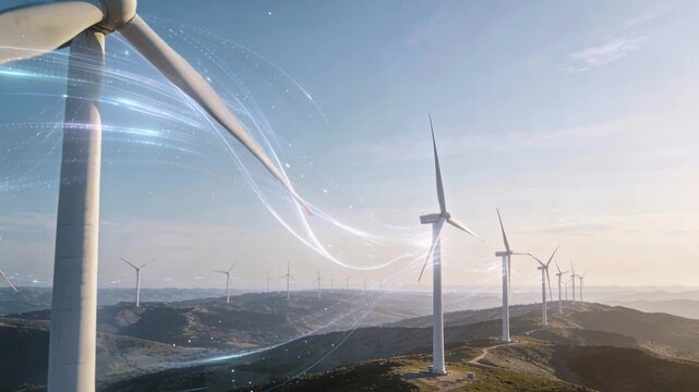 Magnified shot showing airflow and trail patterns around wind turbine