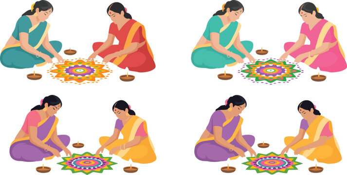 Group of women drawing decorative rangoli floor designs during festive celebration cultural tradition clean line art vector illustration set