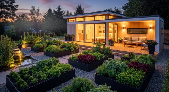 Modern Garden Pavilion Illuminated At Dusk With Lush Vegetable Beds And Outdoor Seating Area