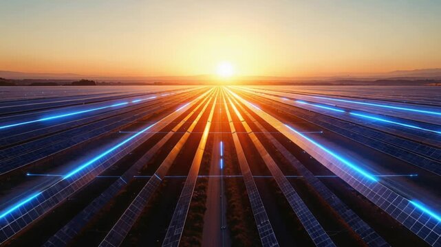 Morning light highlights dynamic blue streaks across solar panel rows