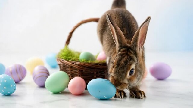 Adorable easter bunny getting out of a basket surrounded by colorful decorated eggs on a white background with copy space