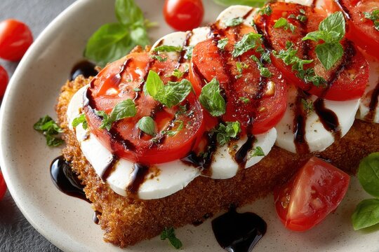 Delicious classic caprese sandwich plated with fresh mozzarella, ripe tomatoes, basil, and olive oil, drizzled with balsamic glaze on a rustic plate.
