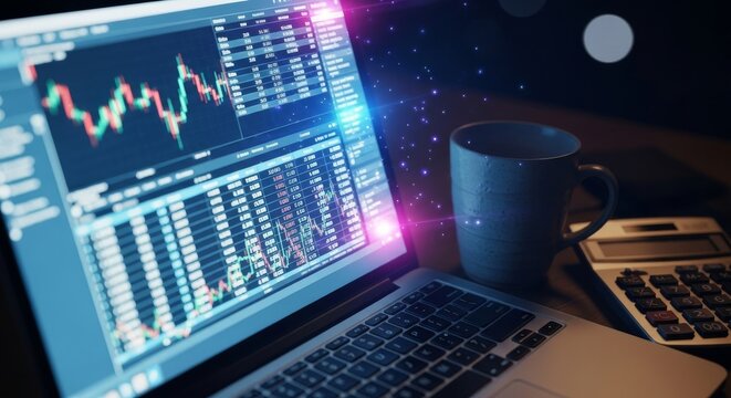 A close up view of a glowing laptop screen displaying financial data tables on a cluttered desk with a coffee mug and calculator at night, coffee, numbers, night