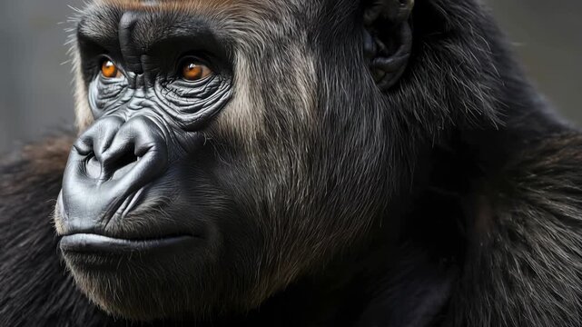 Majestic gorilla portrait close up primate face with intense gaze amber eyes textured fur conveying