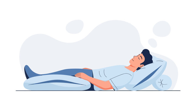 Man sleeping peacefully on his back with legs crossed, comfortable sleep