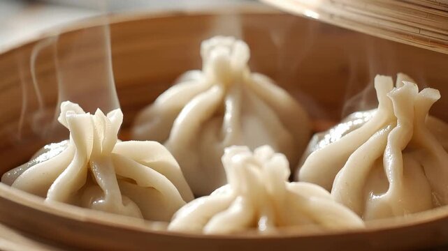 Steaming soup xiao dumpling in bamboo steamer with soft folds, savory steamed filling