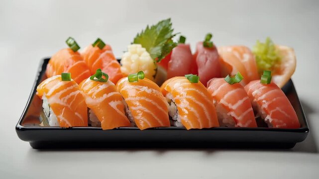 Fresh salmon nigiri sushi roll platter with rice, garnish, wasabi, chive seafood presentation
