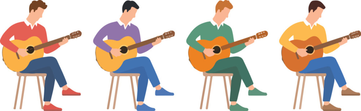 Collection of male guitarist with beard performing acoustic music sitting standing and playing instrument clean line art vector set