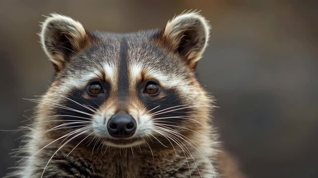 Curious raccoon mammal portrait with soft natural light, sharp fur and whisker detail
