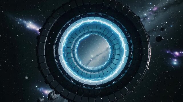 A visually striking image of a large space station ring, illuminated with blue energy, set against a starry backdrop. Ideal for sci-fi themes, technol
