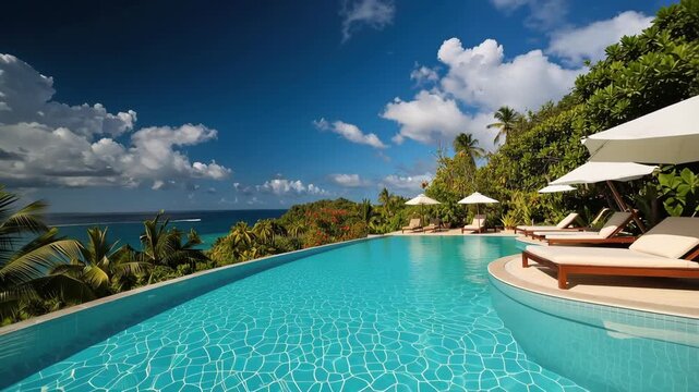 Tropical infinity pool ocean view turquoise water palm tree lounge chair tropical garden serenity