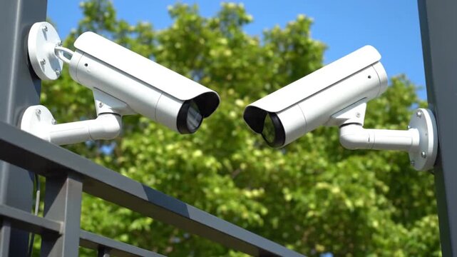 White security cameras mounted on gray metal fence outdoors with green trees and blue sky background