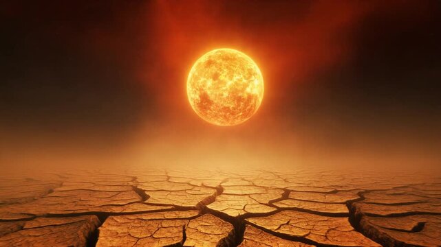 強烈に燃えるような太陽と陽炎が立ち上るひび割れた乾燥した大地の風景