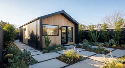 Fototapeta premium Modern Tiny Home With Wood Siding And Black Trim Under Clear Blue Sky