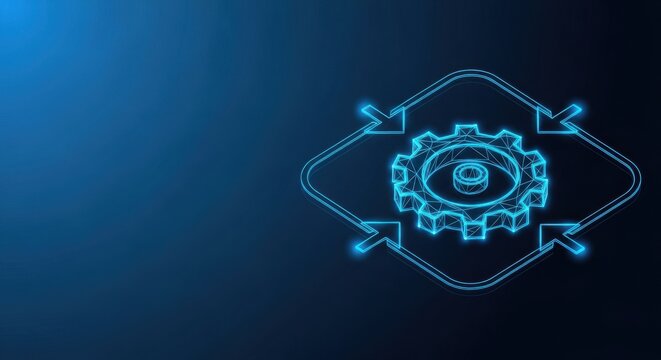 Abstract digital gear representing an industrial automation process with glowing blue neon lines against a dark background