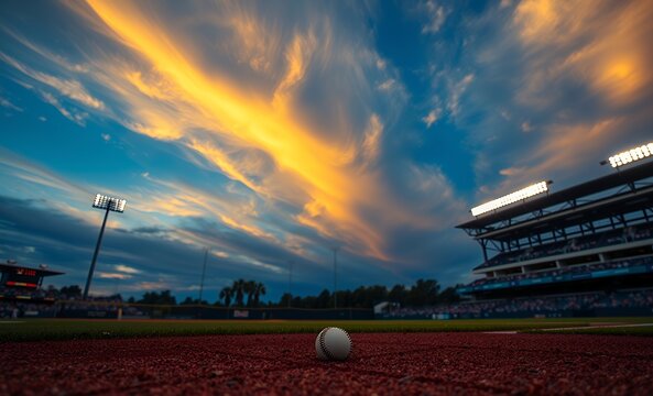 Baseball on foul line at sunset baseball field baseball game field stadium play competition green grass team sport arena leisure 