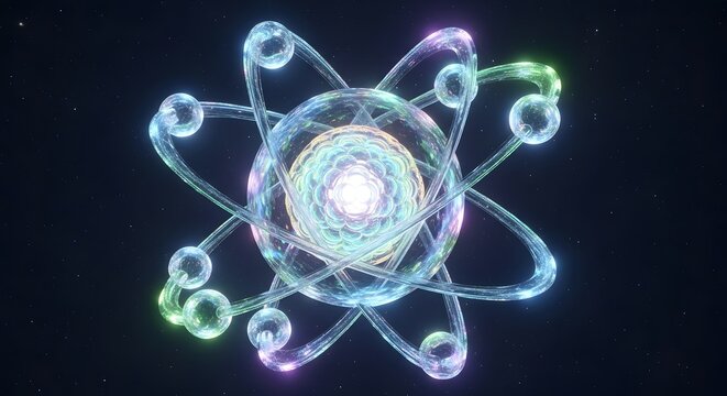 Glowing atom model with colorful electrons orbiting.