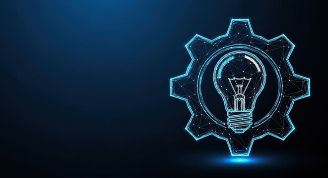 Digital Gear with Lightbulb Symbolizing Innovation and Engineering Solutions in Technology